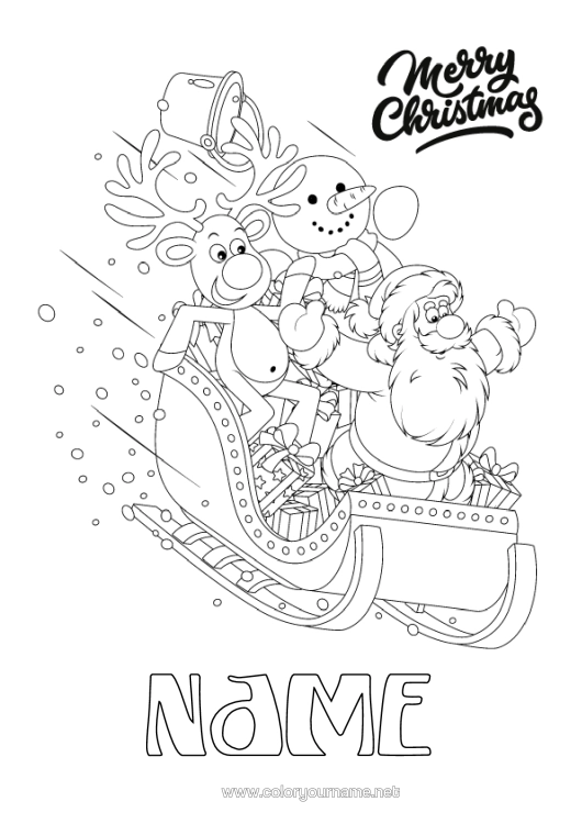 Colouring page to print Father Christmas Reindeer Snowman Sledge Christmas Forest Animals "Merry Christmas" Message