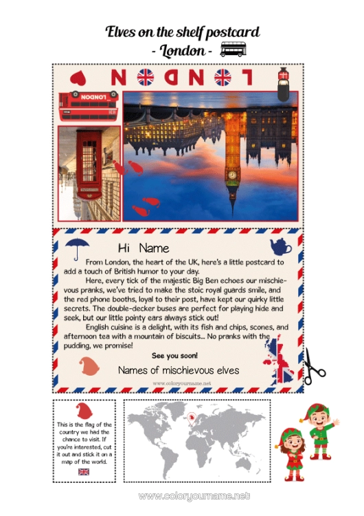 Colouring page to print London United Kingdom Mischievous Elf's Journey Postcard Postcard Of Multiple Elves Several Mischievous Elves.