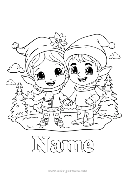 Colouring page to print Christmas Elves Elf Colouring Pages