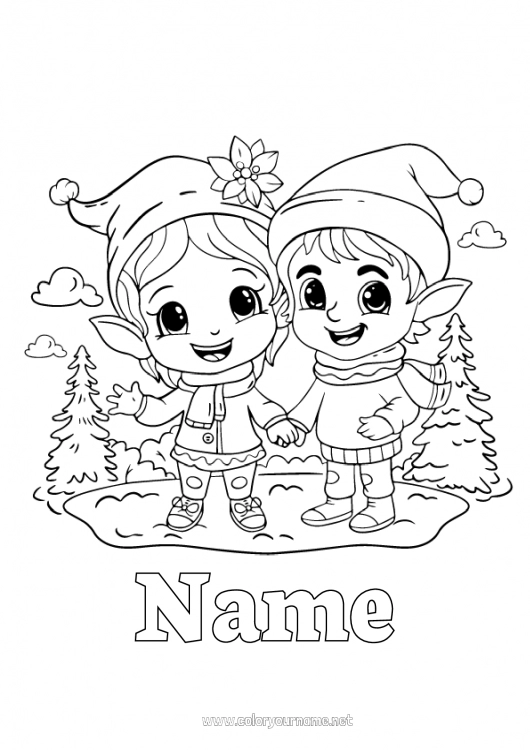 Coloring page to print Christmas elves Elves coloring pages