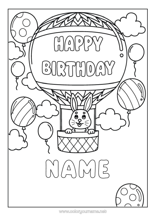 Colouring page to print Birthday Rabbit Hot Air Balloon Happy Birthday Message Forest Animals Aerial Vehicles