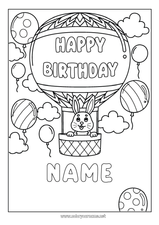 Coloring page to print Birthday Bunny Hot air balloon Happy Birthday (English) Message Forest animals Aerial vehicles