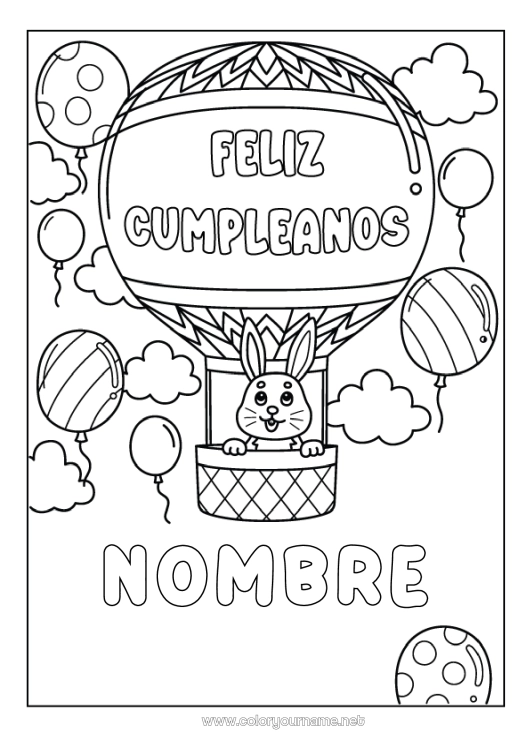 Dibujo para colorear para imprimir Cumpleaños Conejo Globo aerostático Mensaje de feliz cumpleaños (inglés) Animales del bosque Vehículos aéreos