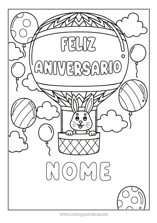 Página de desenho para imprimir Aniversário Coelho Balão de Ar Quente Feliz aniversário (francês) Mensagem Animais da floresta Veículos aéreos