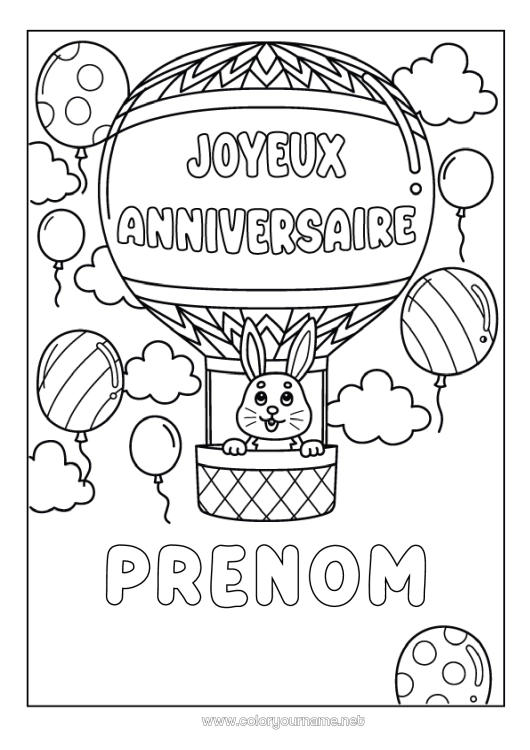 Coloriage à imprimer Anniversaire Lapin Montgolfière Joyeux anniversaire (français) Message Animaux de la forêt Véhicules aériens