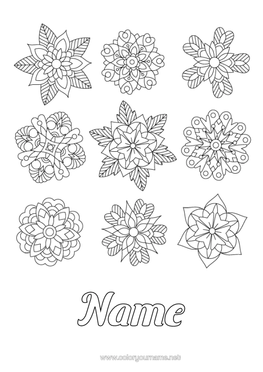Colouring page to print Flowers Winter Mandala Snowflakes Poinsettia