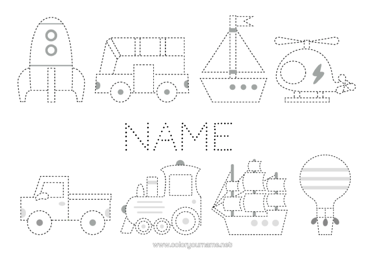 Colouring page to print Rocket Vehicles Children's Activities Boat Train Hot Air Balloon Bus, Car Easy Colouring Pages Trace And Colour. Aerial Vehicles Marine Vehicles Land Public Transport