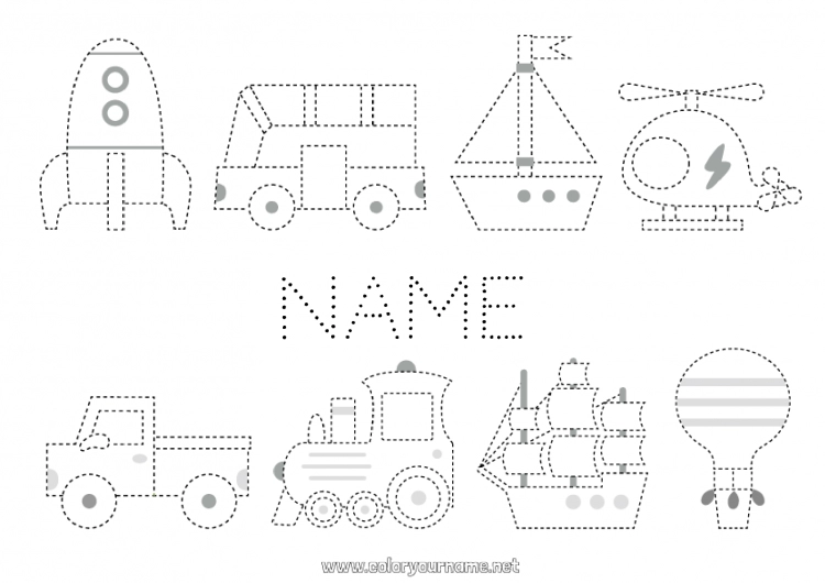 Coloring page to print Rocket Vehicles Children's activities Boat Train Hot air balloon Bus, coach Easy coloring pages Trace and color Aerial vehicles Maritime vehicles Ground public transport