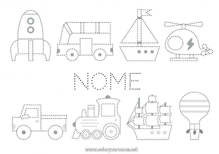 Página de desenho para imprimir Foguete Veículos Atividades para Crianças Barco Trem Balão de Ar Quente Ônibus, carro Desenhos para colorir fáceis Rastreie e Pinte Veículos aéreos Veículos marítimos Transporte público terrestre