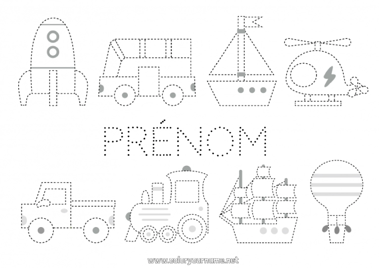 Coloriage à imprimer Fusée Véhicules Activités enfants Bateau Train Montgolfière Bus, car Coloriages faciles Trace et colorie Véhicules aériens Véhicules maritimes Transport en commun terrestres