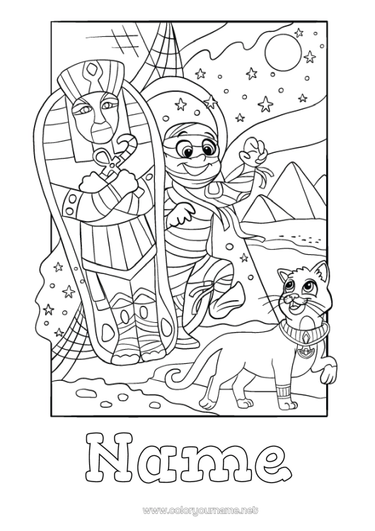 Coloring page to print Mummy Cat Egypt Dog and cat Pyramid