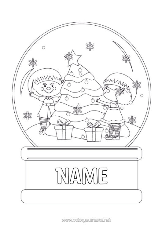 Colouring page to print Christmas Tree Christmas Elves Christmas Bauble Elf Colouring Pages Snow Globe