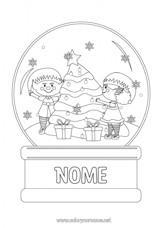 Pagina da colorare da stampare Albero di Natale Elfo di Natale Palla di Natale Pagine da colorare degli elfi