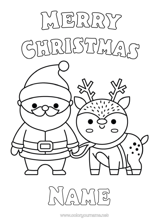 Colouring page to print Father Christmas Reindeer Christmas Cute Easy Colouring Pages Forest Animals "Merry Christmas" Message