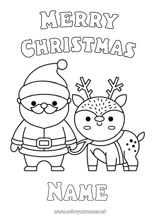 Coloring page to print Santa Claus Reindeer Christmas Kawaii Easy coloring pages Forest animals “Merry Christmas” message