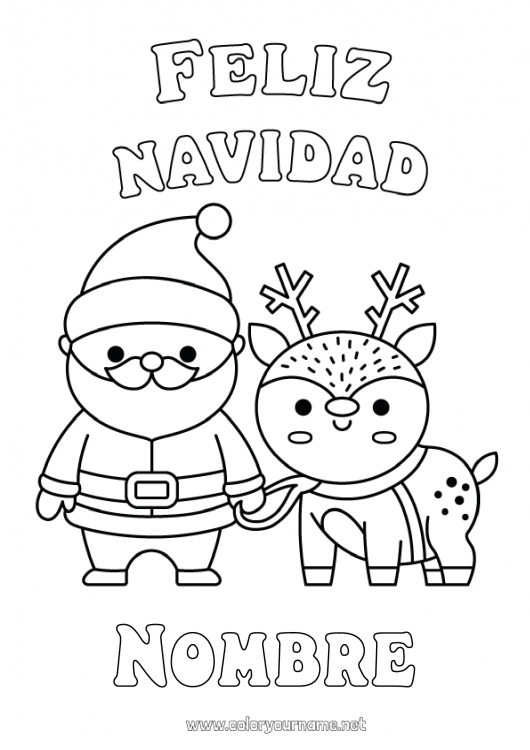 Dibujo para colorear para imprimir Papá Noel Reno Navidad Kawaii Dibujos fáciles para colorear Animales del bosque Mensaje “Feliz Navidad”