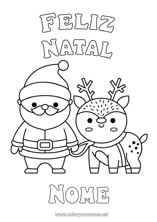 Página de desenho para imprimir Pai Natal Rena Natal Kawaii Desenhos para colorir fáceis Animais da floresta Mensagem de 