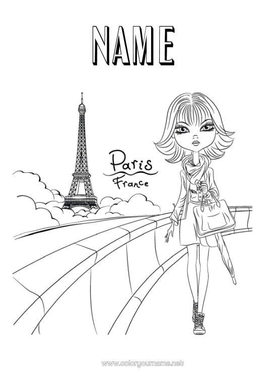 Colouring page to print Girl France Eiffel Tower Paris Monument