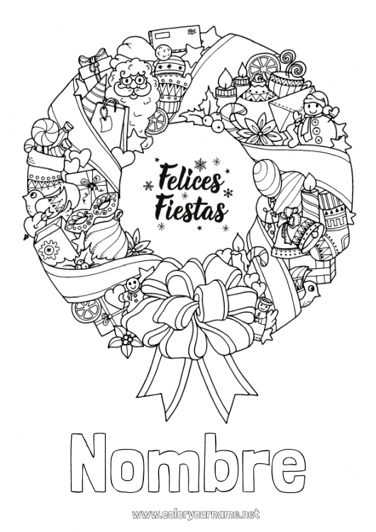 Dibujo para colorear para imprimir Navidad Decoración navideña Corona navideña