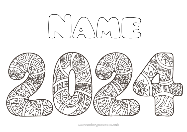Colouring page to print Happy New Year 2024