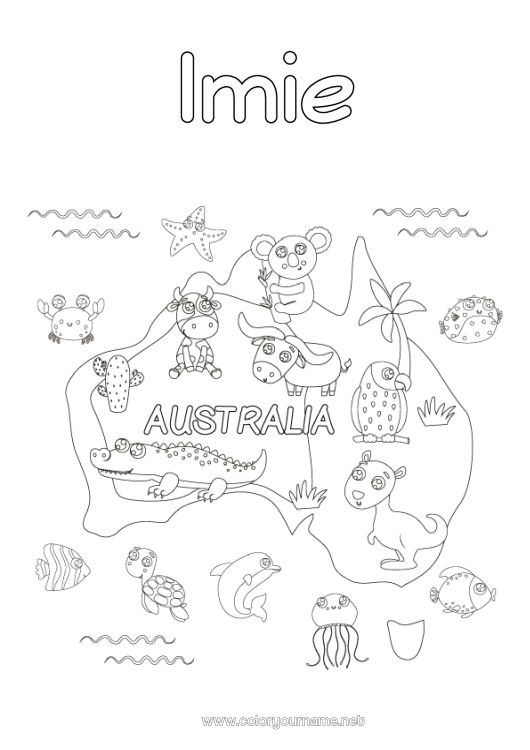 Kolorowanka do wydruku Zwierzę Koala Australia - Australia Inne zwierzęta świata Kangur Mapa krajów