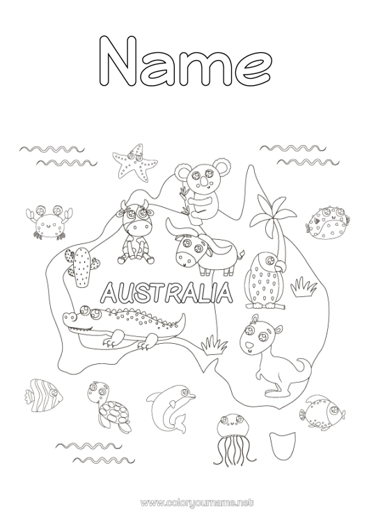 Colouring page to print Animal Koala Australia Other Animals Of The World Kangaroo Map Of Countries Animals Of Australia