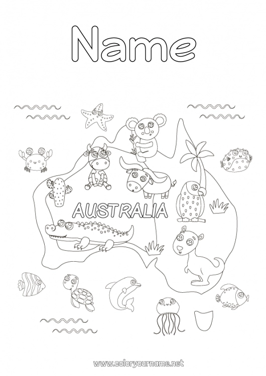 Coloring page to print Animal Koala Australia Other animals of the world Kangaroo Country map