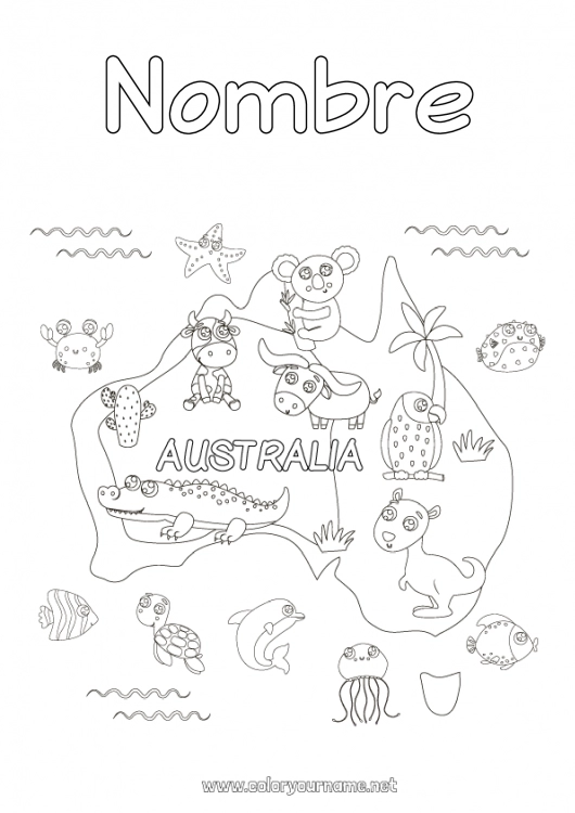 Dibujo para colorear para imprimir Animales Koala Australia Otros animales del mundo Canguro Mapa del pais