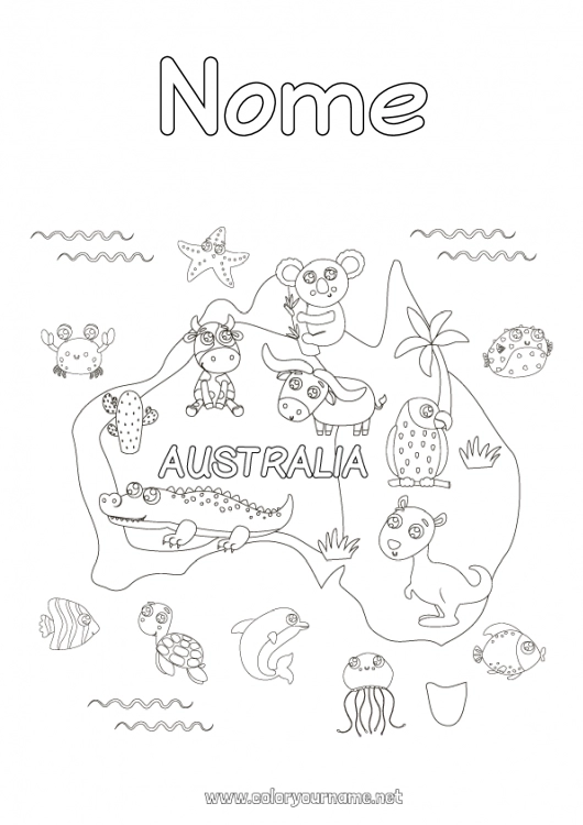 Página de desenho para imprimir Animal Coal Austrália Outros animais do mundo Canguru Mapa dos países