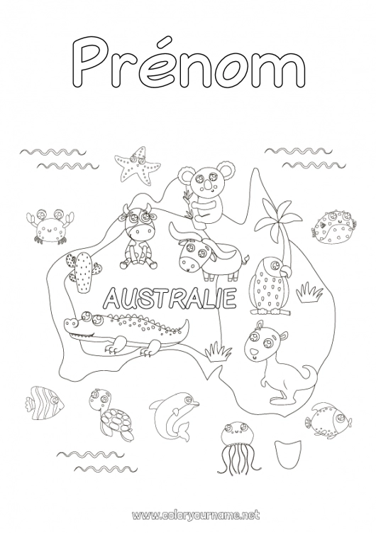 Coloriage à imprimer Animal Koala Australie Autres animaux du monde Kangourou Carte des pays