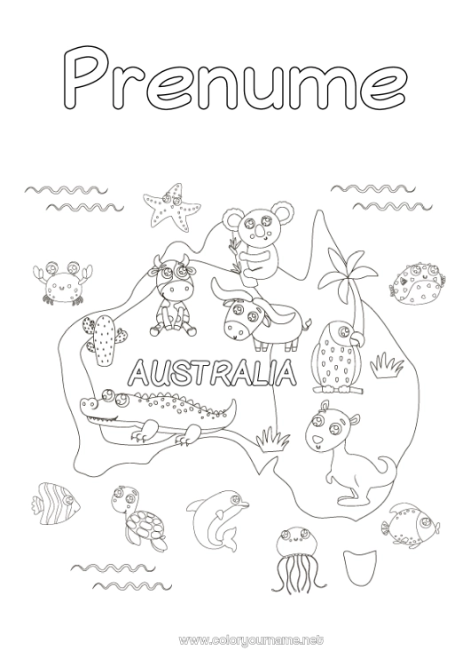 Pagină de colorat de imprimat Animal Koala Australia - Australia Alte animale din lume Kangur Hartă a țărilor