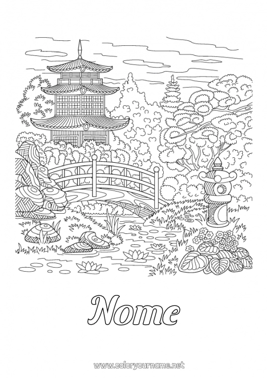 Pagina da colorare da stampare Giappone Cina Colorazioni complesse Zentangle Pagoda