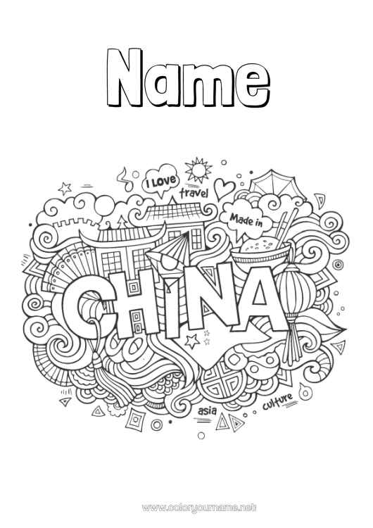 Colouring page to print Geography China Symbols