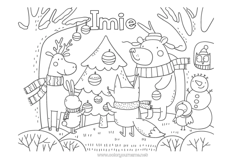 Kolorowanka do wydruku Niedźwiedź Choinka bożonarodzeniowa Bałwanek Boże Narodzenie Lis Sowa, Puszczyk Zwierzę Ptaki i latające ssaki Zwierzęta leśne Choinka Las Jeleń