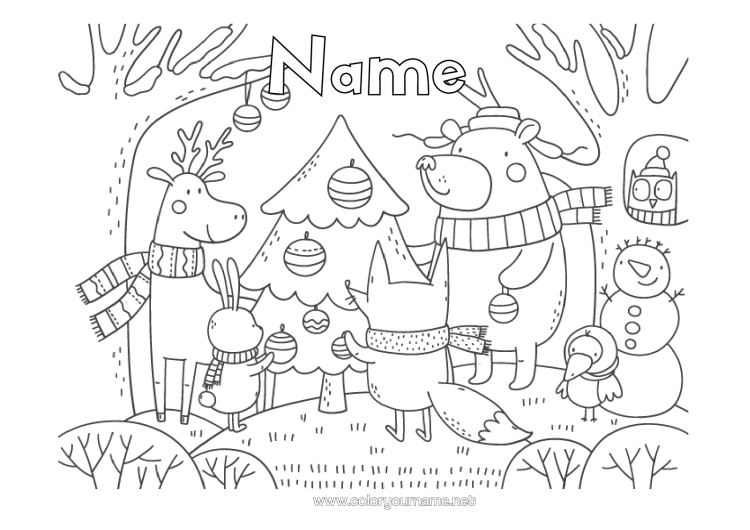 Colouring page to print Bear Christmas Tree Snowman Christmas Fox Owl, Tawny Owl Animal Birds And Flying Mammals Forest Animals Fir Tree Forest Deer