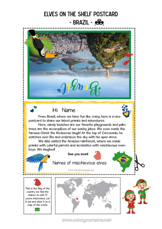 Colouring page to print Brazil Mischievous Elf's Journey Postcard Postcard Of Multiple Elves Several Mischievous Elves.