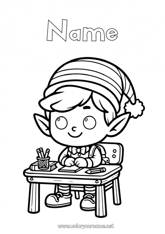 Coloring page to print Christmas elves Elves coloring pages School School desk