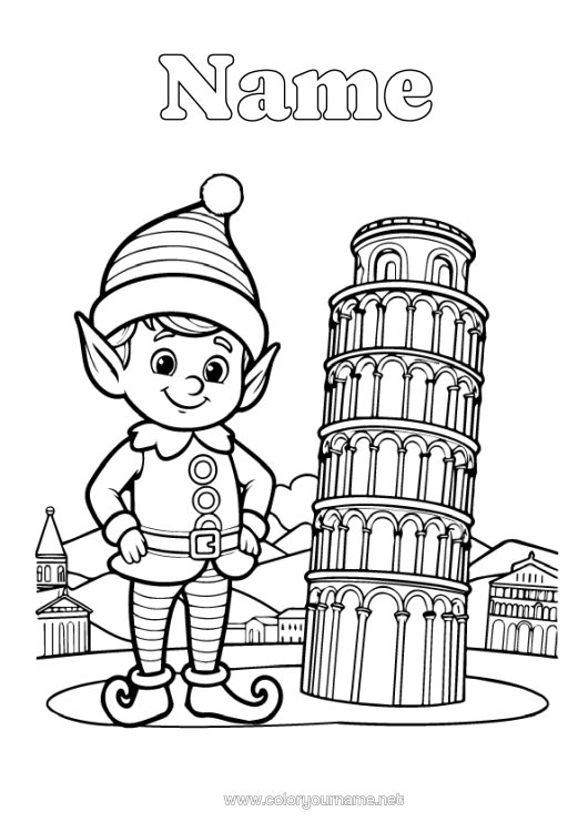 Colouring page to print Christmas Elves Elf Colouring Pages Italy Mischievous Elf's Journey Colouring Mischievous Travelling Goblins
