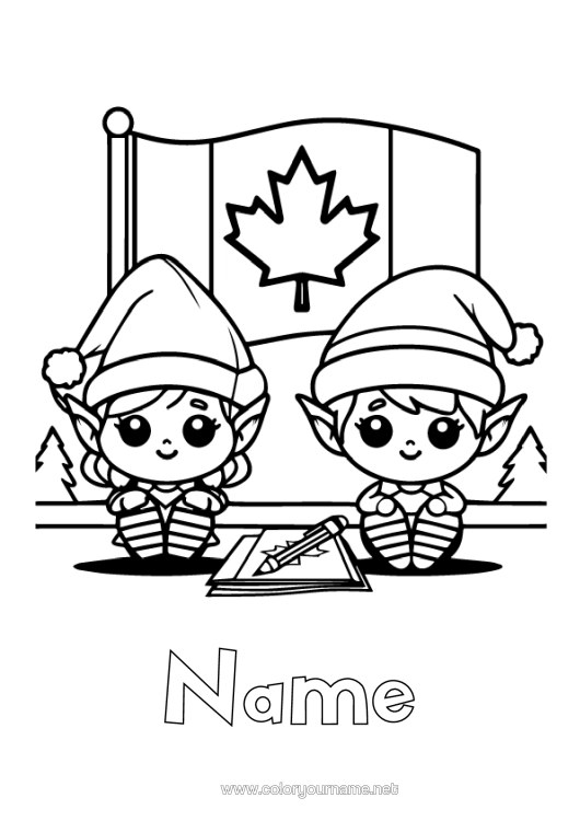 Colouring page to print Christmas Elves Elf Colouring Pages Canada Flag Mischievous Elf's Journey Maple Colouring Mischievous Travelling Goblins
