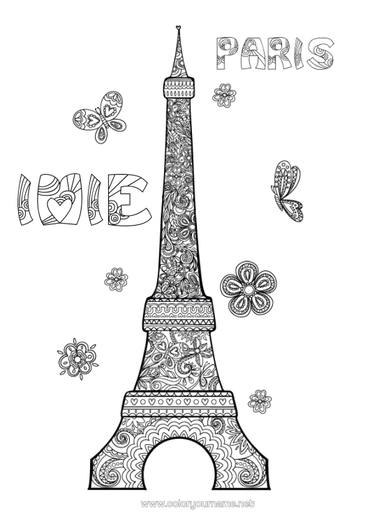 Kolorowanka do wydruku Francja Złożone kolorowanki Zentangle Wieża Eiffla Pomnik