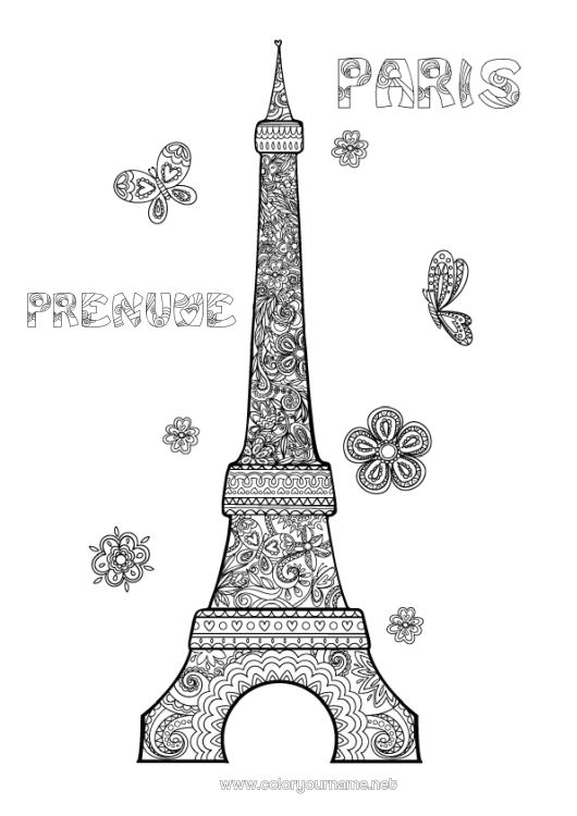 Pagină de colorat de imprimat Franța Desene de colorat complexe Zentangle Turnul Eiffel Monument