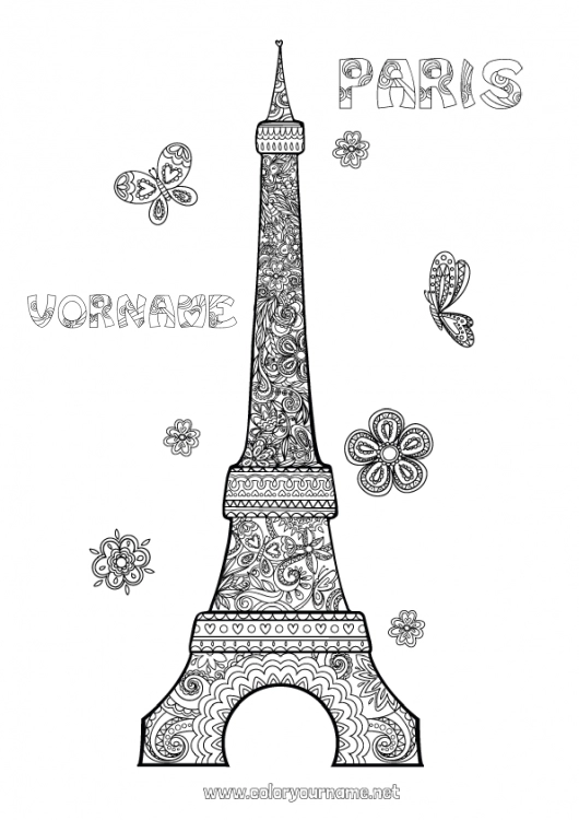 Malvorlage zum Ausdrucken Frankreich Komplexe Ausmalbilder Zentangle Eiffelturm Denkmal