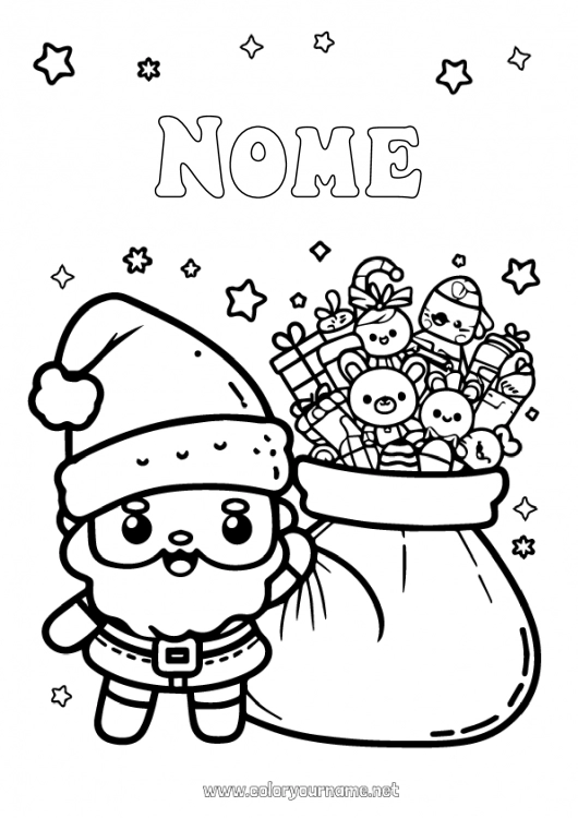 Página de desenho para imprimir Pai Natal Kawaii Saco de Presentes Brinquedos Jogos e brinquedos