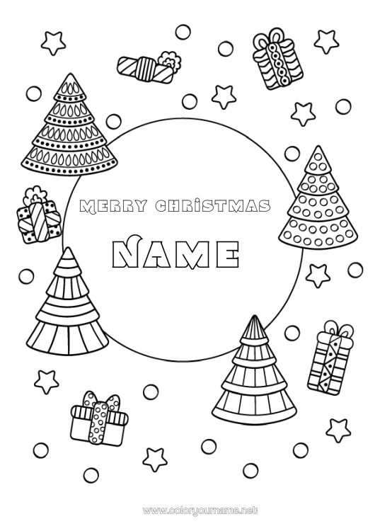 Colouring page to print Gifts Christmas Zentangle Fir Tree "Merry Christmas" Message