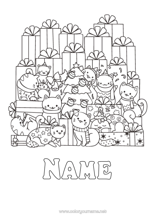 Colouring page to print Cat Gifts Christmas Tree Christmas Cute Animal Dogs And Cats