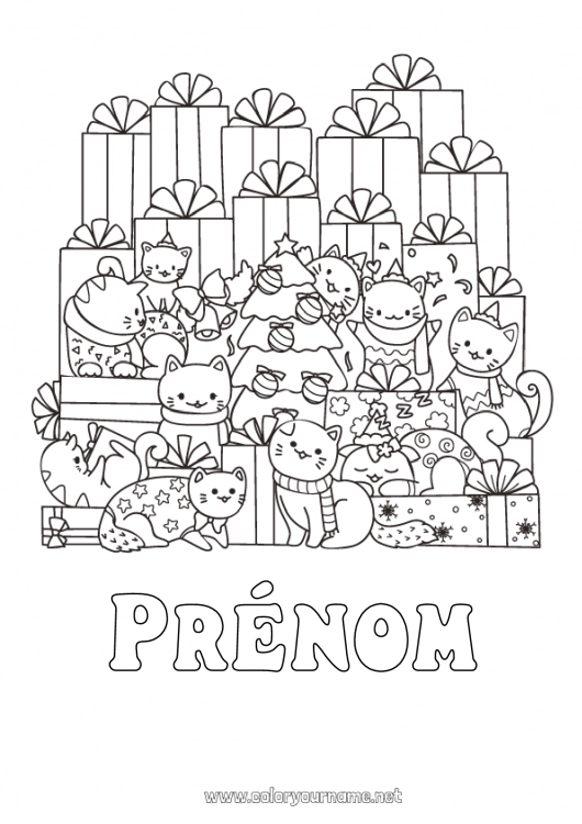 Coloriage à imprimer Chat Cadeaux Sapin de Noël Noël Kawaii Animal Chiens et chats