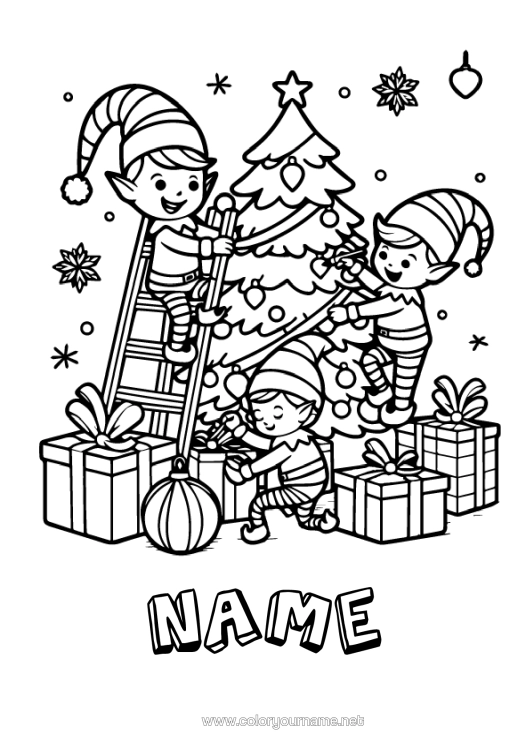 Colouring page to print Christmas Tree Christmas Elves Elf Colouring Pages