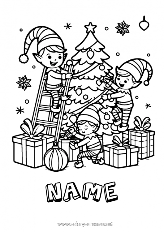 Coloring page to print Christmas tree Christmas elves Elves coloring pages