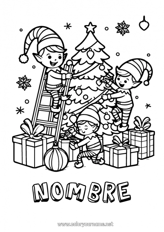 Dibujo para colorear para imprimir árbol de Navidad Elfos de navidad Dibujos de Elfos para colorear