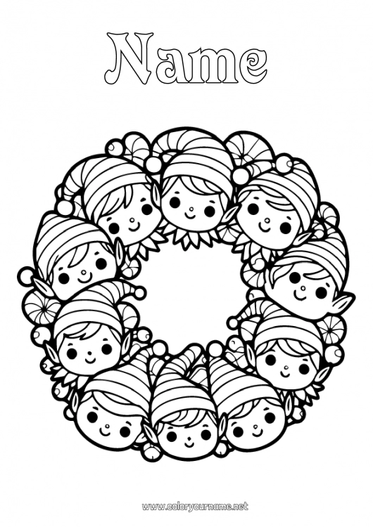 Coloring page to print Christmas elves Elves coloring pages Christmas wreath